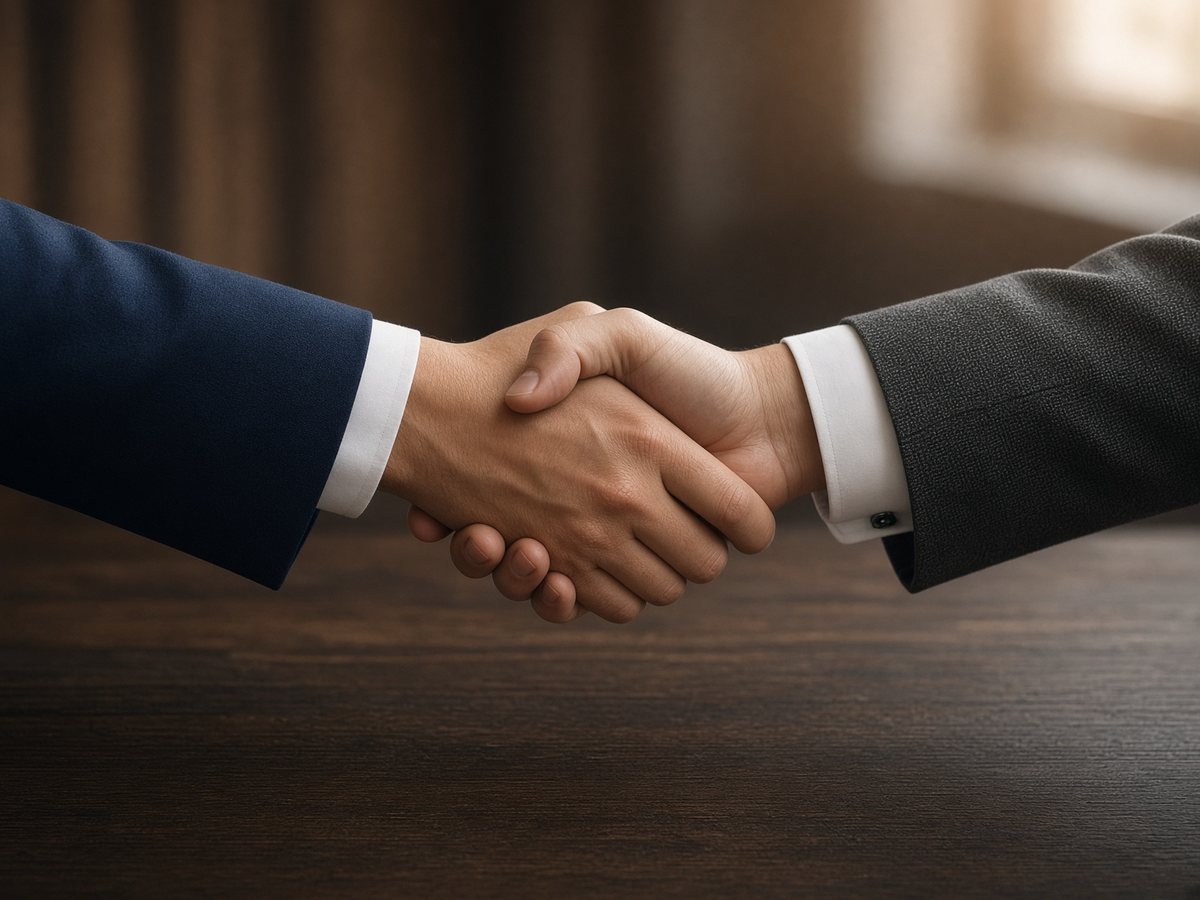 A professional handshake across a conference table