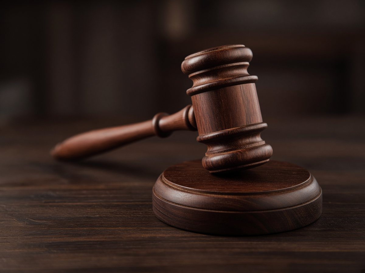 A wooden gavel on its sounding block