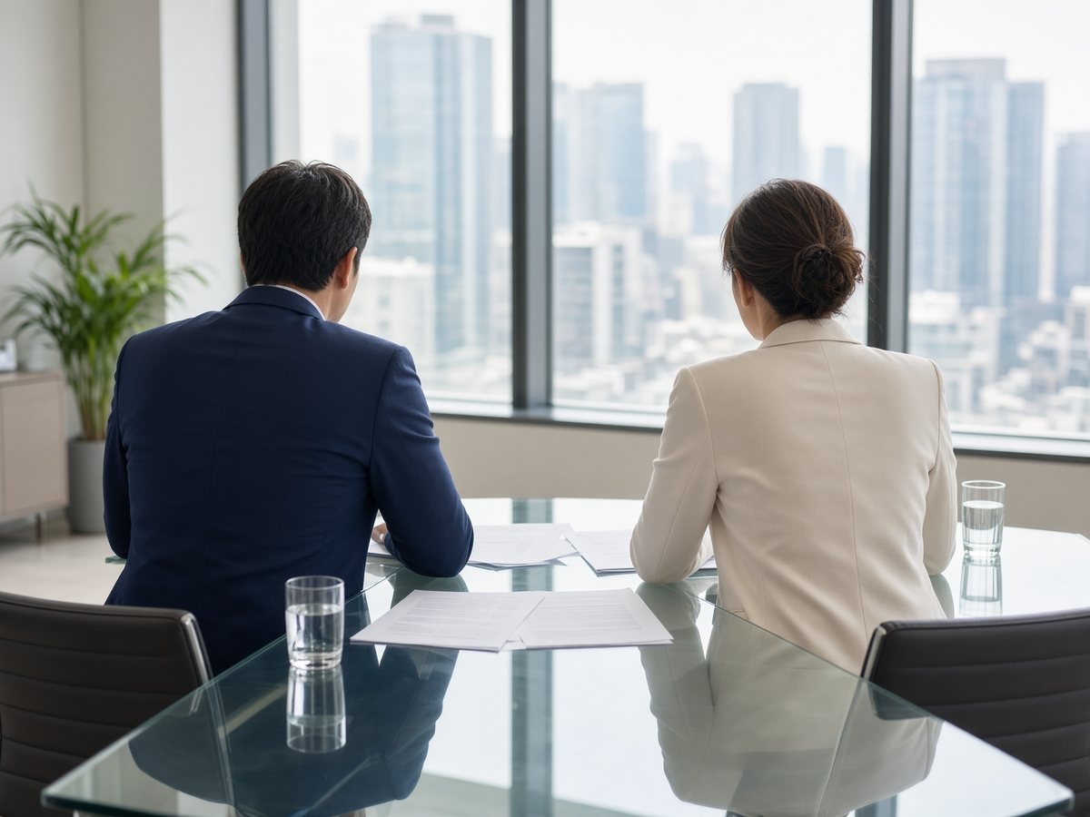 Two professionals reviewing papers in a bright office