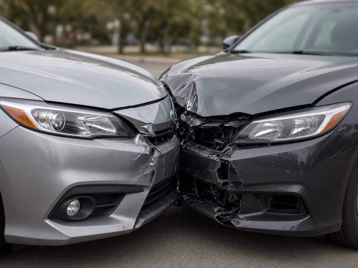 Two sedans with front-end collision damage