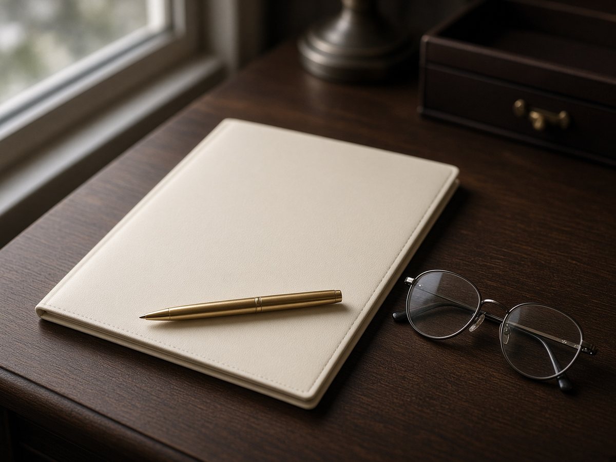 A closed folder, pen, and eyeglasses on a wood desk