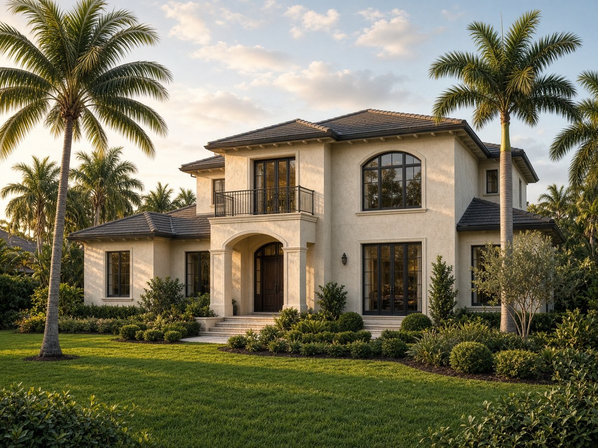 A two-story coastal Florida home in late-afternoon light
